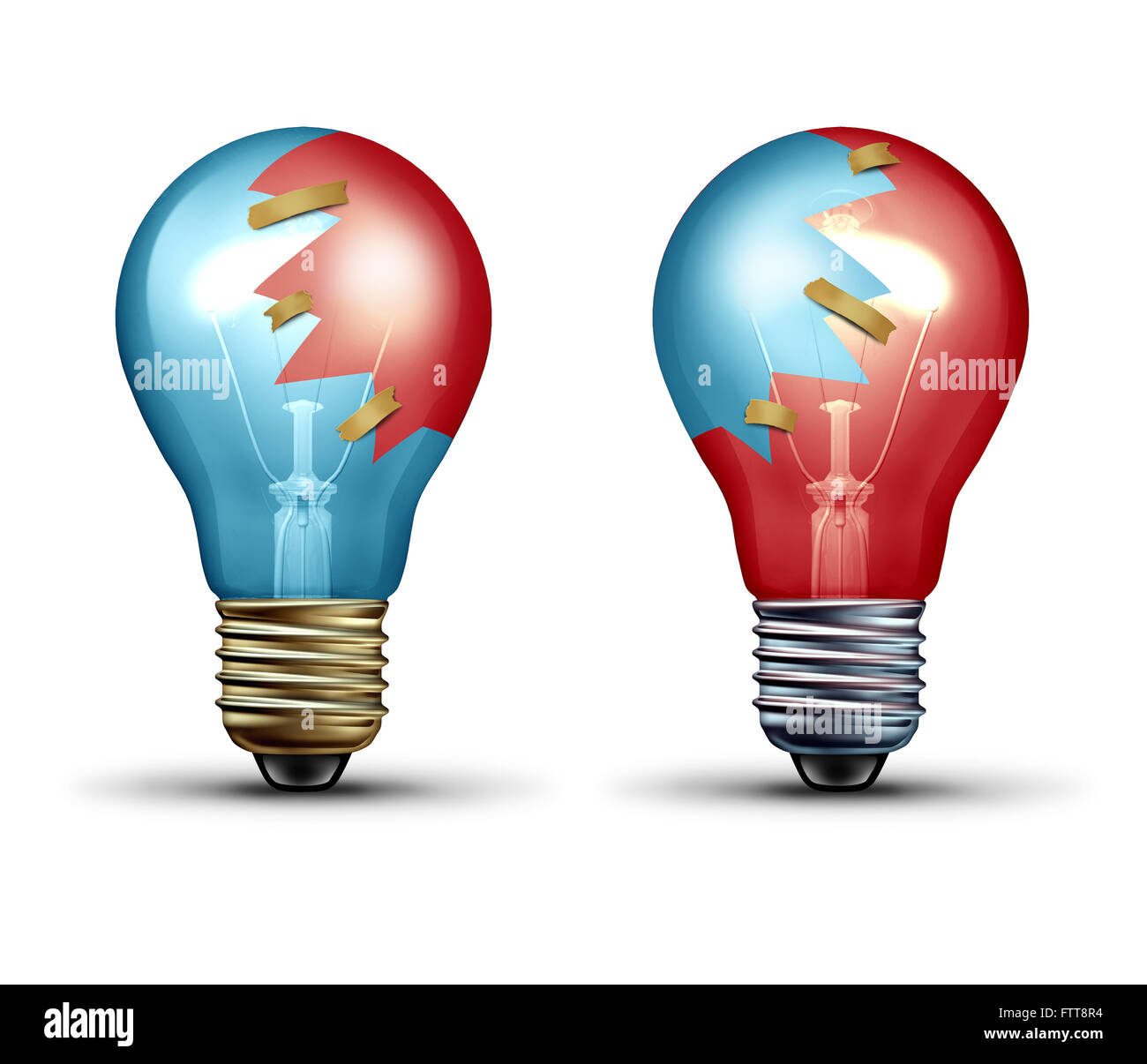 Commerce idée concept comme deux ampoules ampoule ou partagé des icônes avec des morceaux de verre comme une équipe et le leadership symbole représentant travaillant ensemble en tant qu'équipe créative en partenariat. Banque D'Images