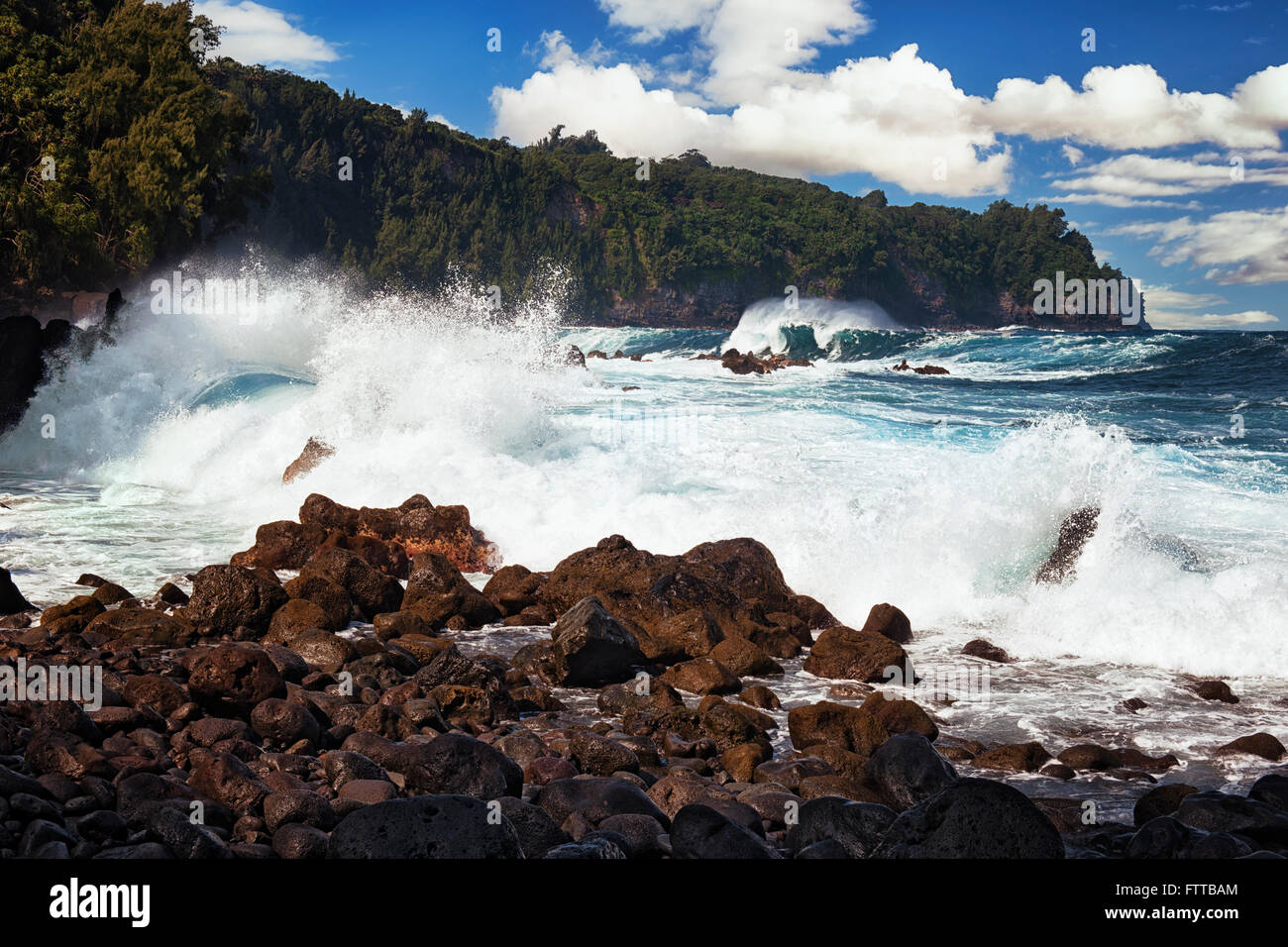 Gros swells et lourd livre de surf la lave rivage à Laupahoehoe Point sur la grande île d'Hawaï. Banque D'Images