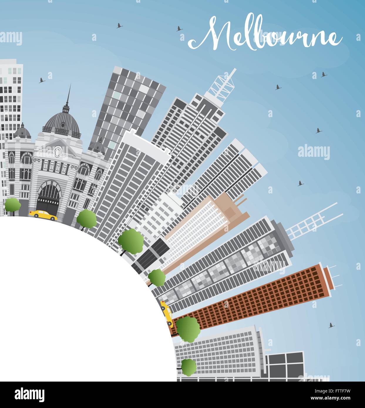 Toits de Melbourne avec bâtiments gris et bleu ciel. Vector Illustration. Les voyages d'affaires et tourisme Concept avec copie Espace. Illustration de Vecteur