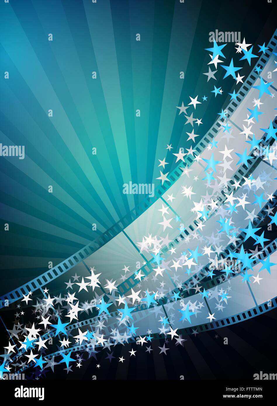 Résumé fond vertical du cinéma avec des films en bande, flying stars, des rayons. Modèle de conception de scénario Illustration de Vecteur