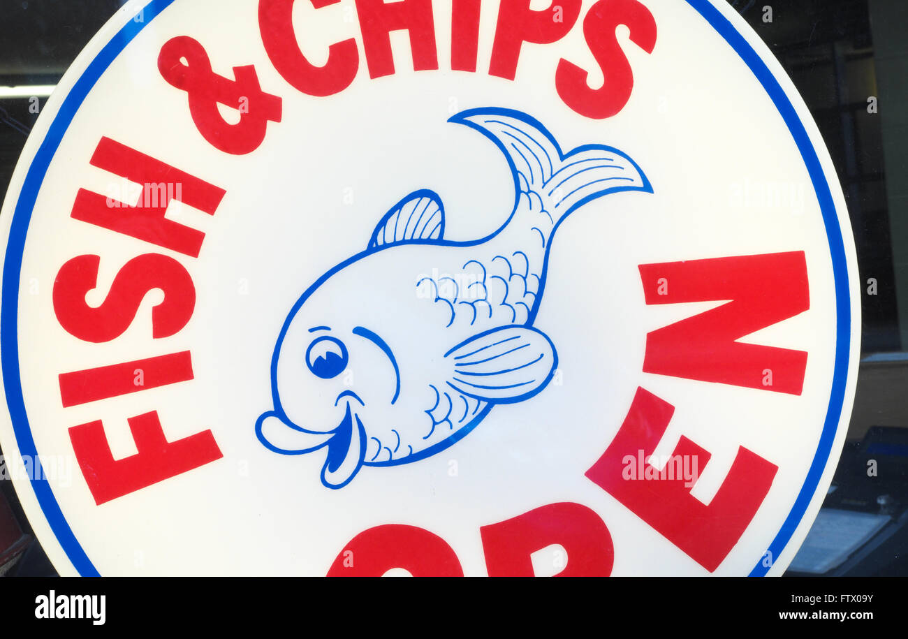 Poisson et Chip shop sign open for business Banque D'Images