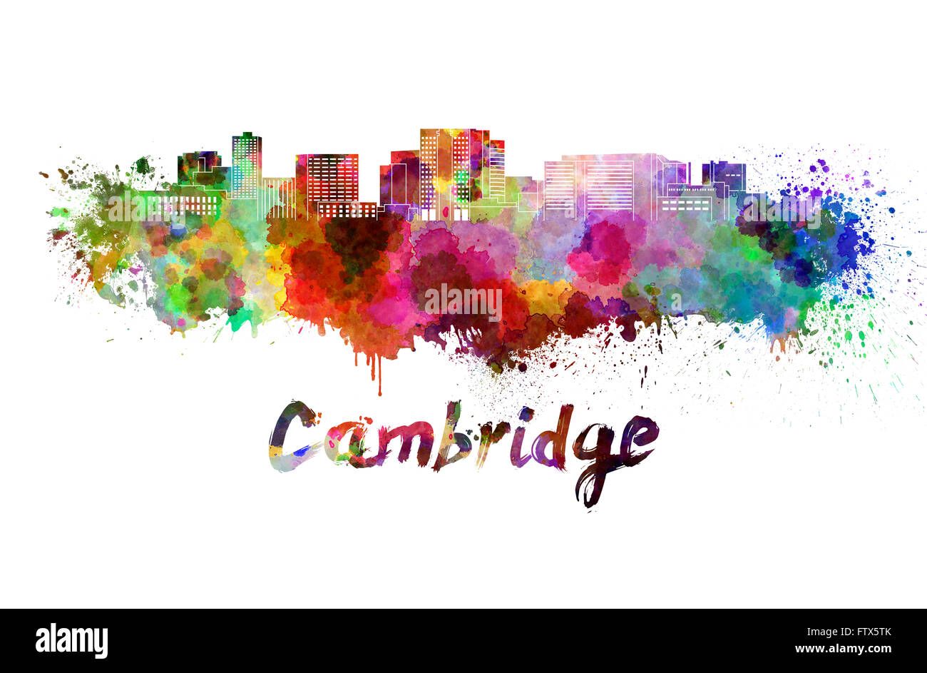 Cambridge MA Skyline à l'aquarelle des éclaboussures avec clipping path Banque D'Images