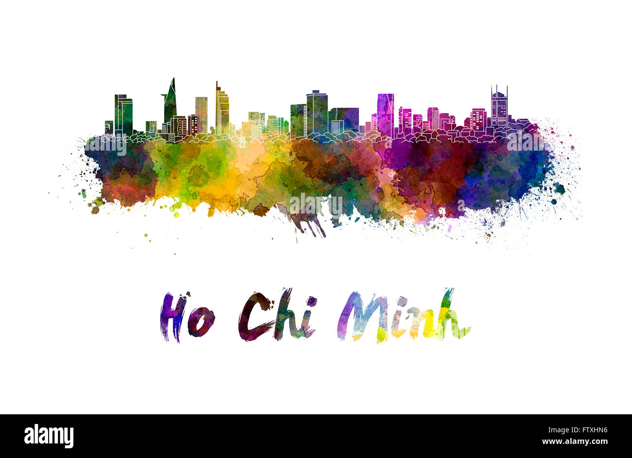Ho Chi Minh City skyline à l'aquarelle des éclaboussures avec clipping path Banque D'Images