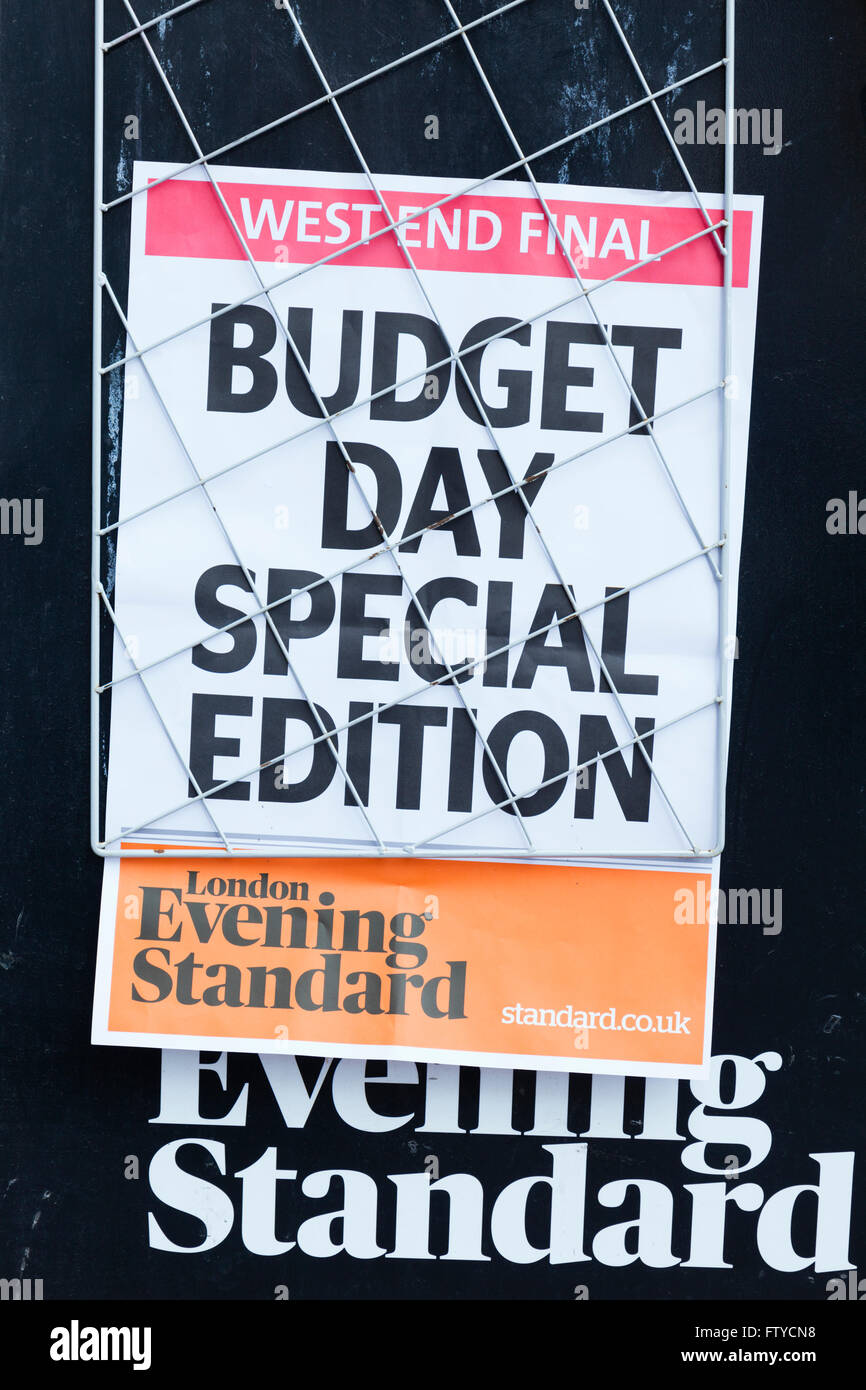 Budget Le jour de gros titre de journal à Londres, en Angleterre. Banque D'Images