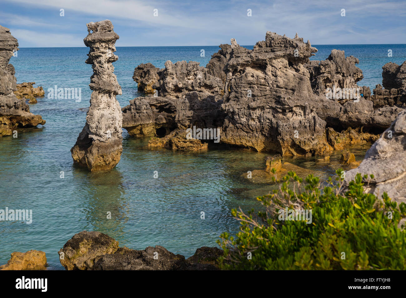 Colonnes de calcaire à la baie du tabac, aux Bermudes. Banque D'Images