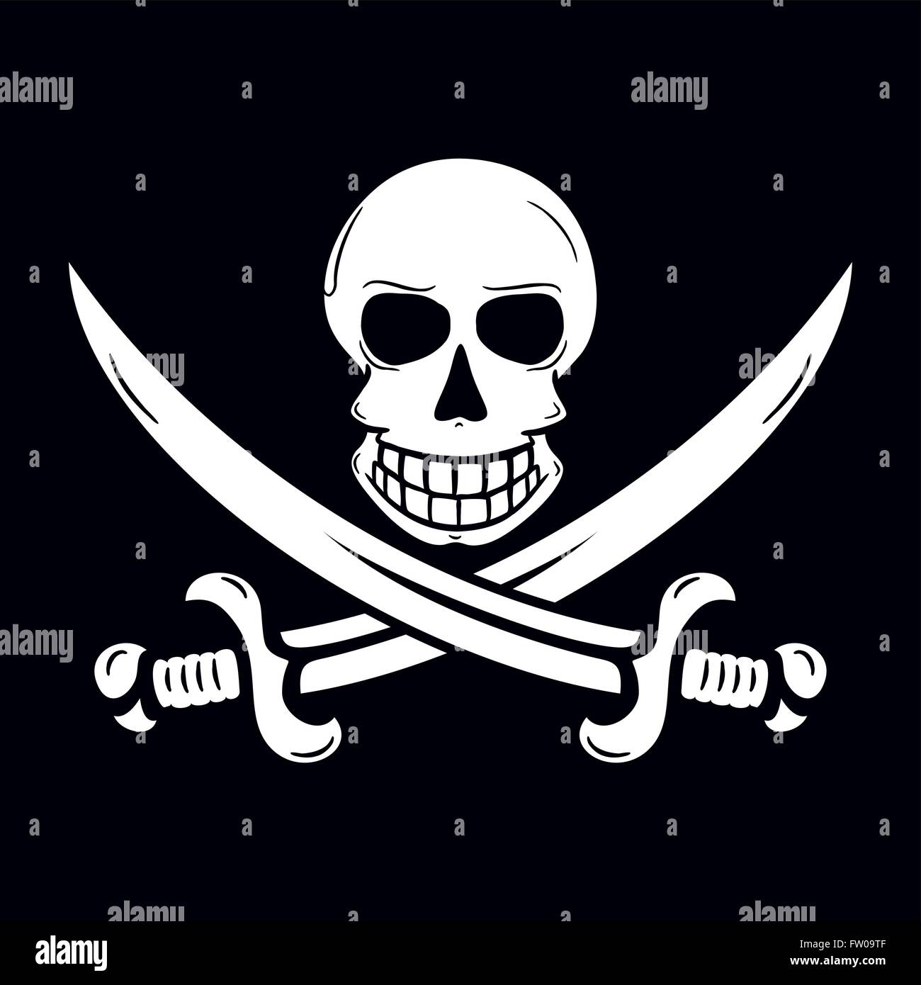 Drapeau pirate Jolly Roger à la Jack Rackham avec un crâne et deux épées de passage. Illustration de Vecteur
