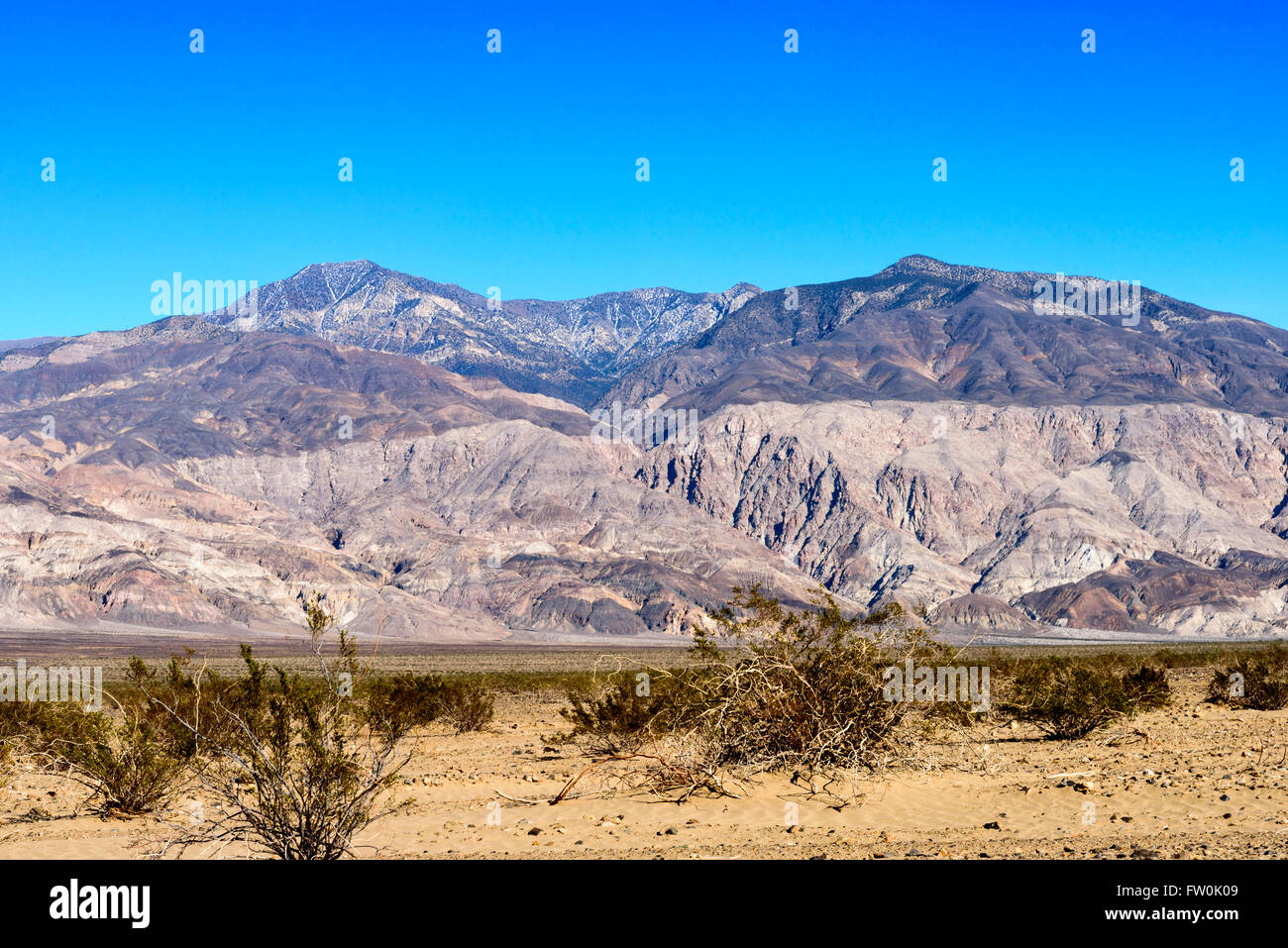 Panamint mountains, désert de Mojave, de sable et de broussailles sous ciel bleu. Banque D'Images