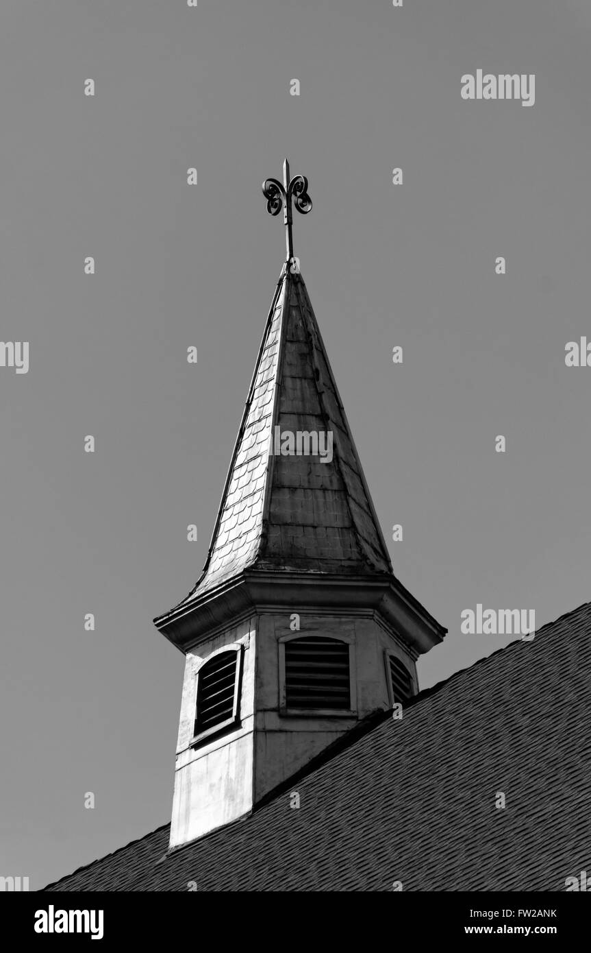 Libre d'un clocher en bois contre un ciel clair en noir et blanc Banque D'Images
