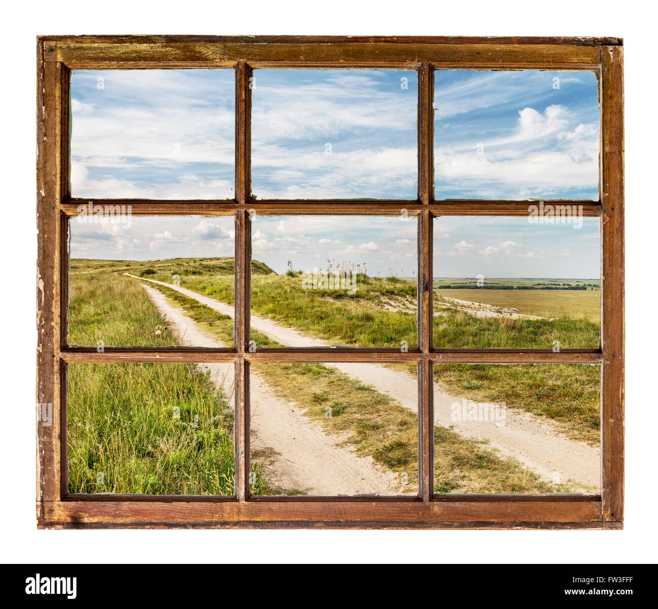 Route des prairies comme vu par vintage, grunge, fenêtre à guillotine avec vitre sale Banque D'Images