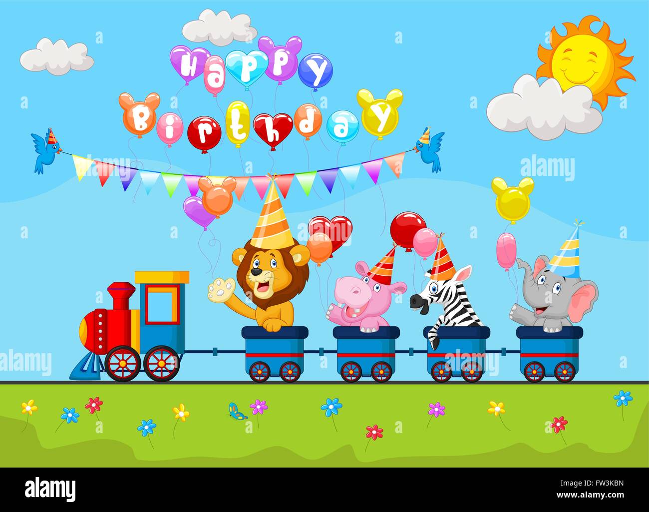 Dessin animé avec des animaux heureux anniversaire sur le train Image