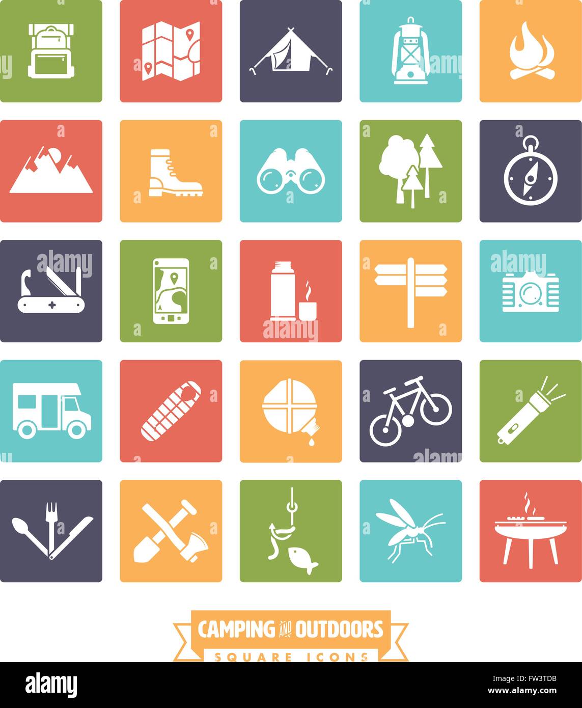 Camping, randonnée et plein air collection icônes de glyphes, négatif en carrés de couleurs Illustration de Vecteur