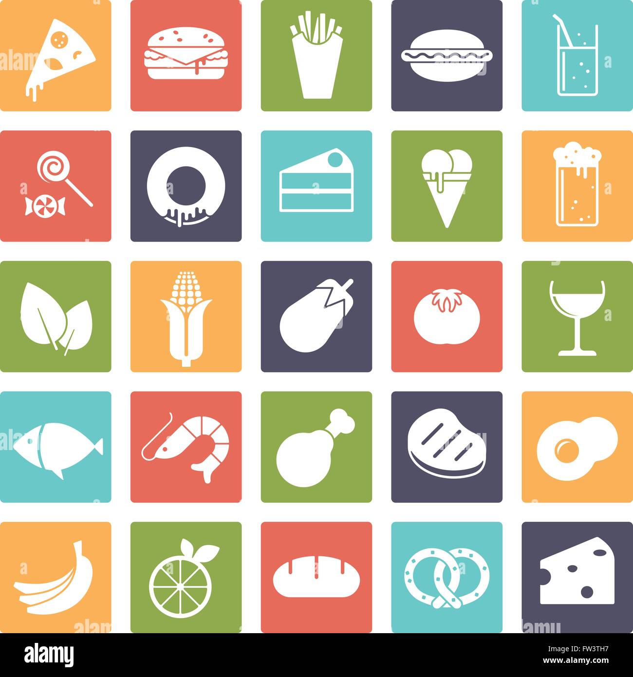 Nourriture et boisson vector icons, négatif en carrés de couleurs Illustration de Vecteur