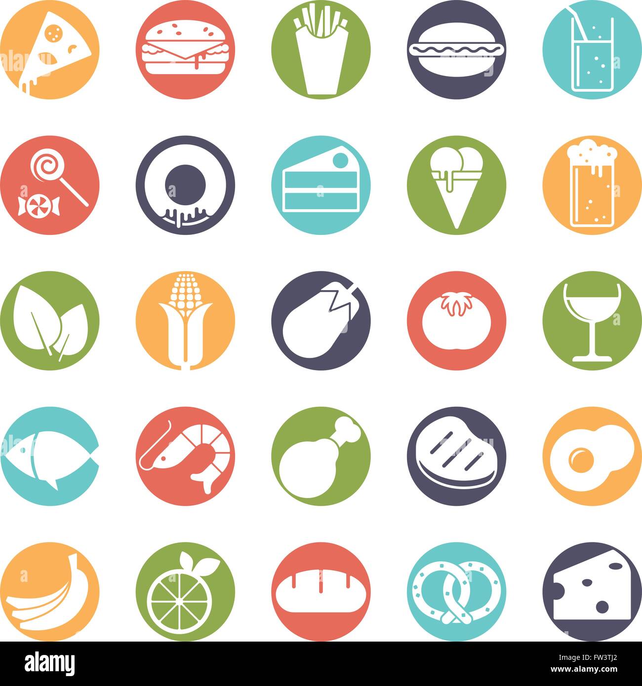 Nourriture et boisson vector icons set, négatif en cercles colorés Illustration de Vecteur