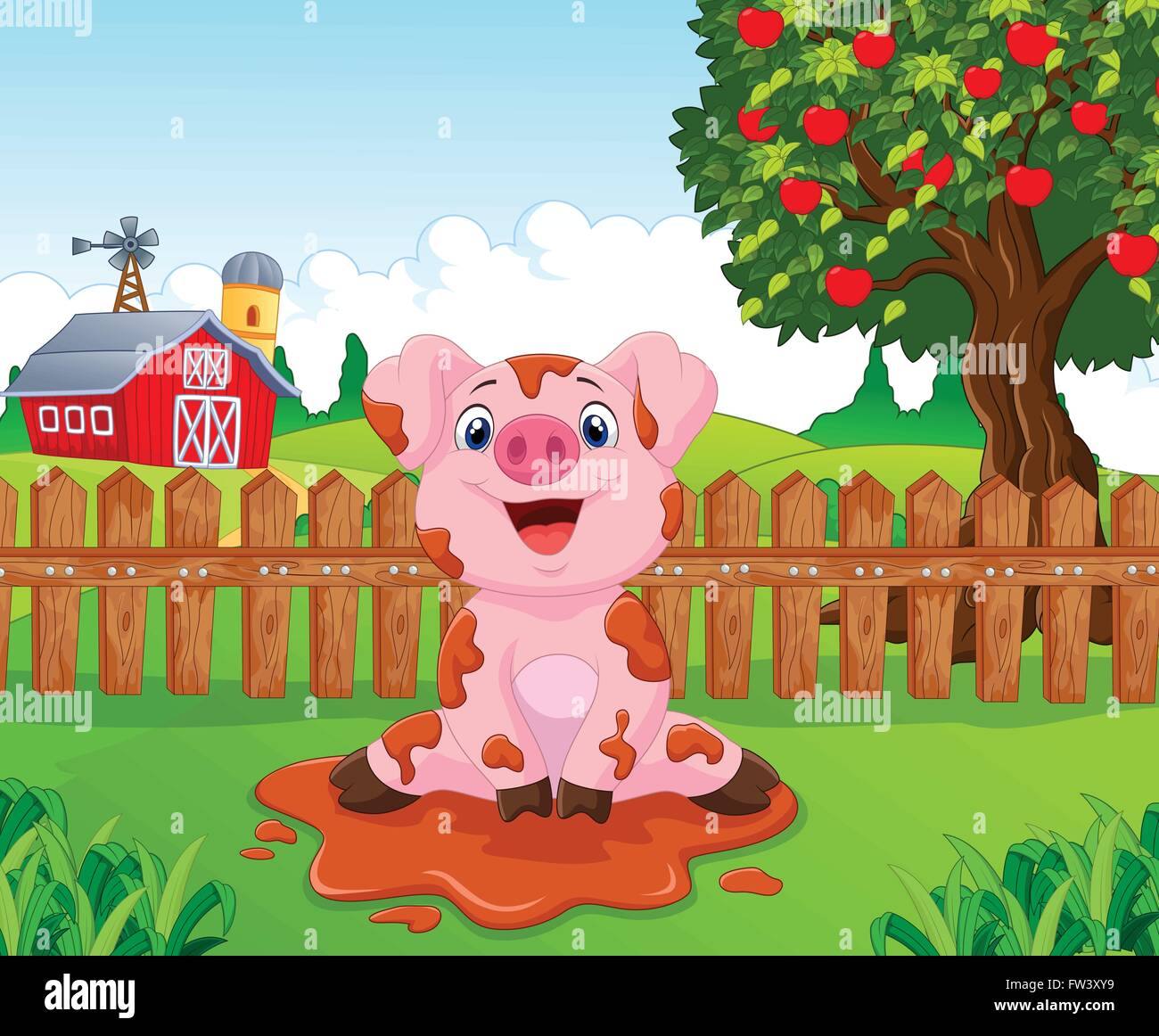Cartoon mignon bébé cochon dans le jardin Illustration de Vecteur