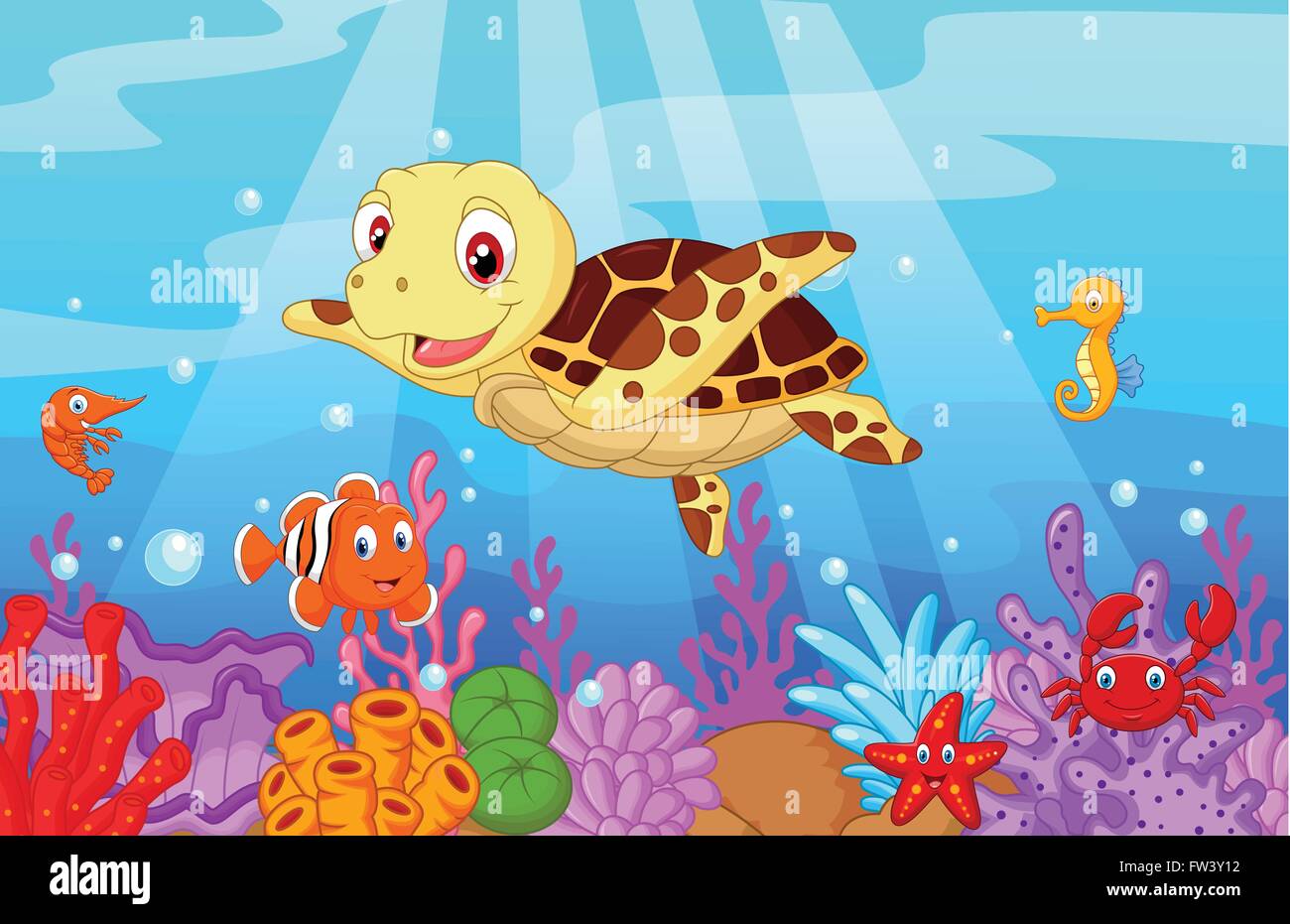Cute cartoon collection bébé tortue avec poissons Illustration de Vecteur