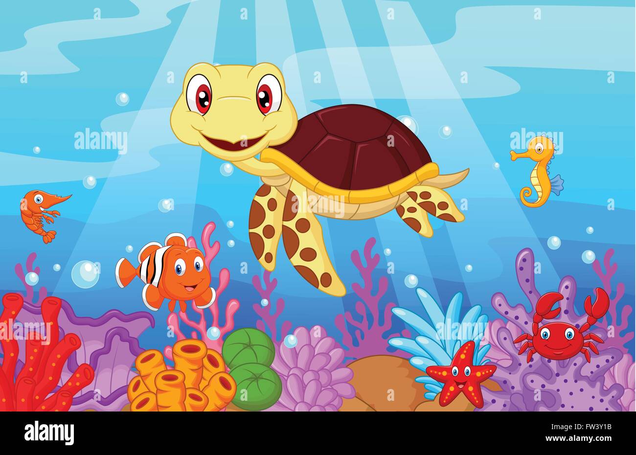 Baby cute Cartoon avec tortues poissons collection Illustration de Vecteur