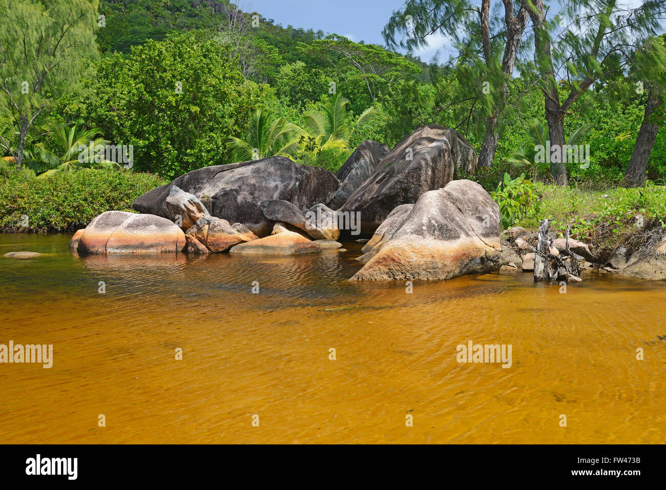 Brackwasserlagune am Strand des Anse Lazio, Insel Praslin, Seychellen Banque D'Images