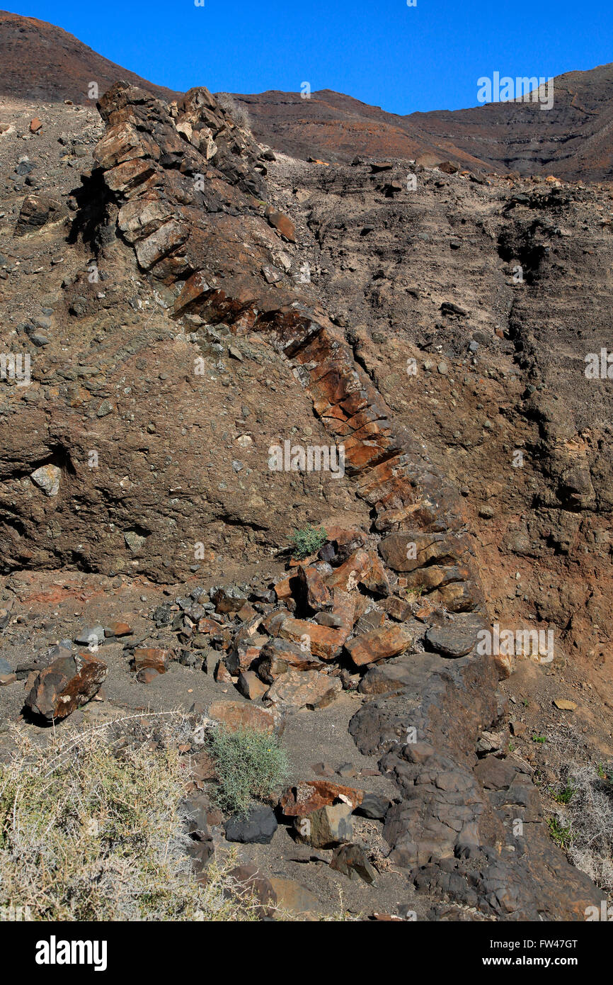 Dyke volcanique roches ignées intrusives, la structure géologique, la formation de la Péninsule de Jandia, Fuerteventura, Îles Canaries, Espagne Banque D'Images