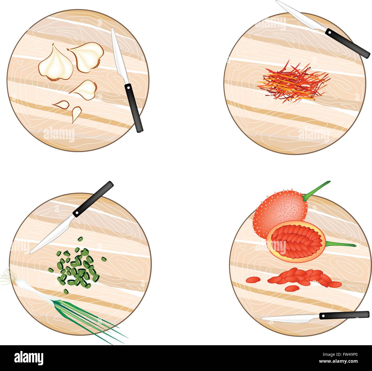 De légumes et d'herbes, Illustration de l'ail, oignon vert, fil de safran et du GAC sur les planches à découper en bois de fruits. Illustration de Vecteur