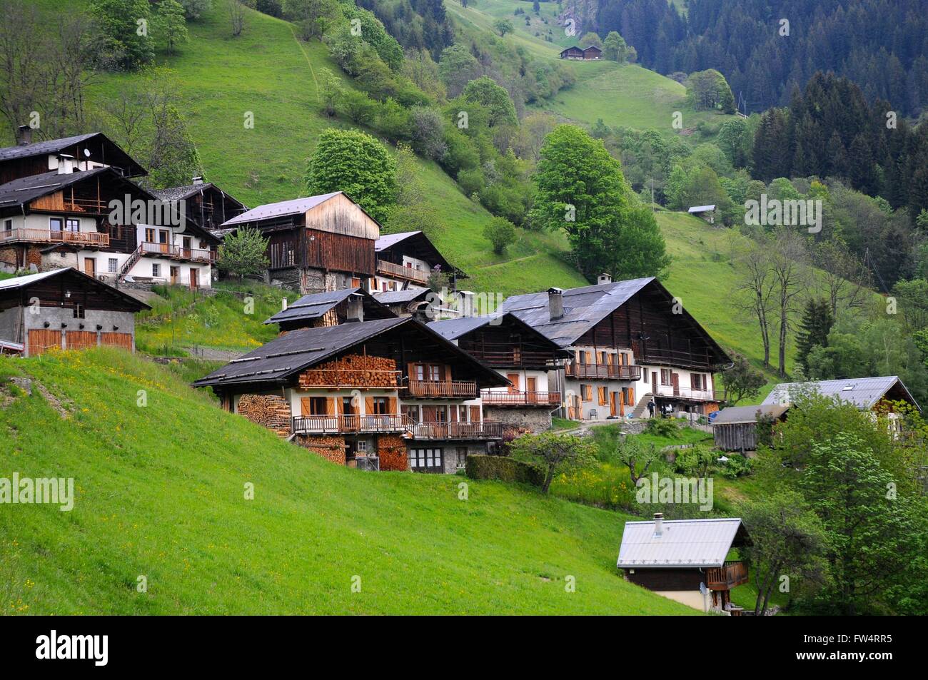 Chalets en bois dans le Beaufortain, Alpes Banque D'Images