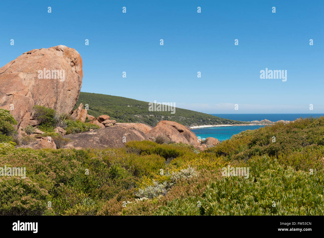 La brousse basse et rocheux de granit le long de la piste côtière du Cap Cap à 1 km à proximité de Smiths Beach, Cap Leeuwin N.P :, l'ouest de l'Australie Banque D'Images