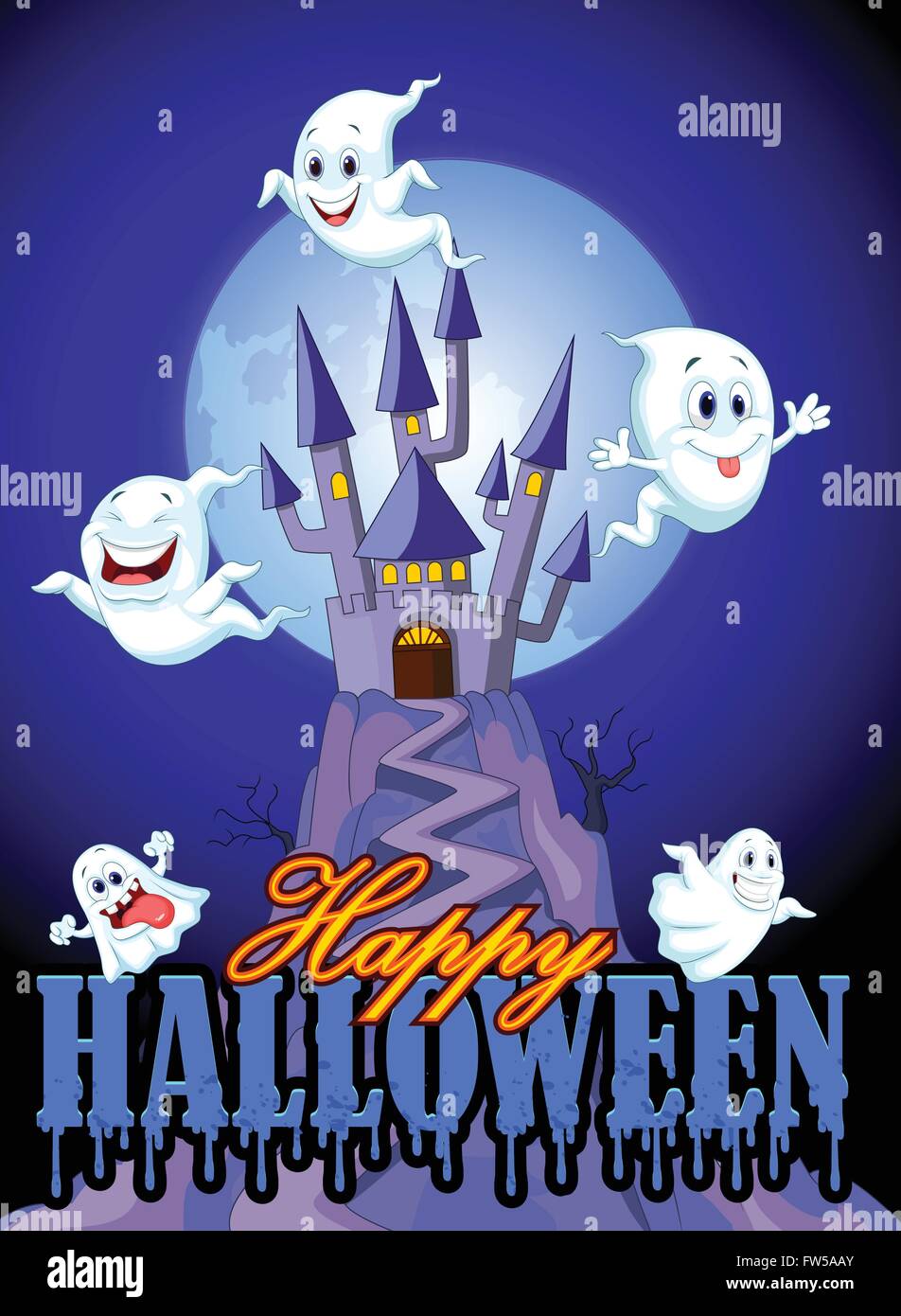 Halloween Ghost sur scène avec l'arrière-plan du château Illustration de Vecteur