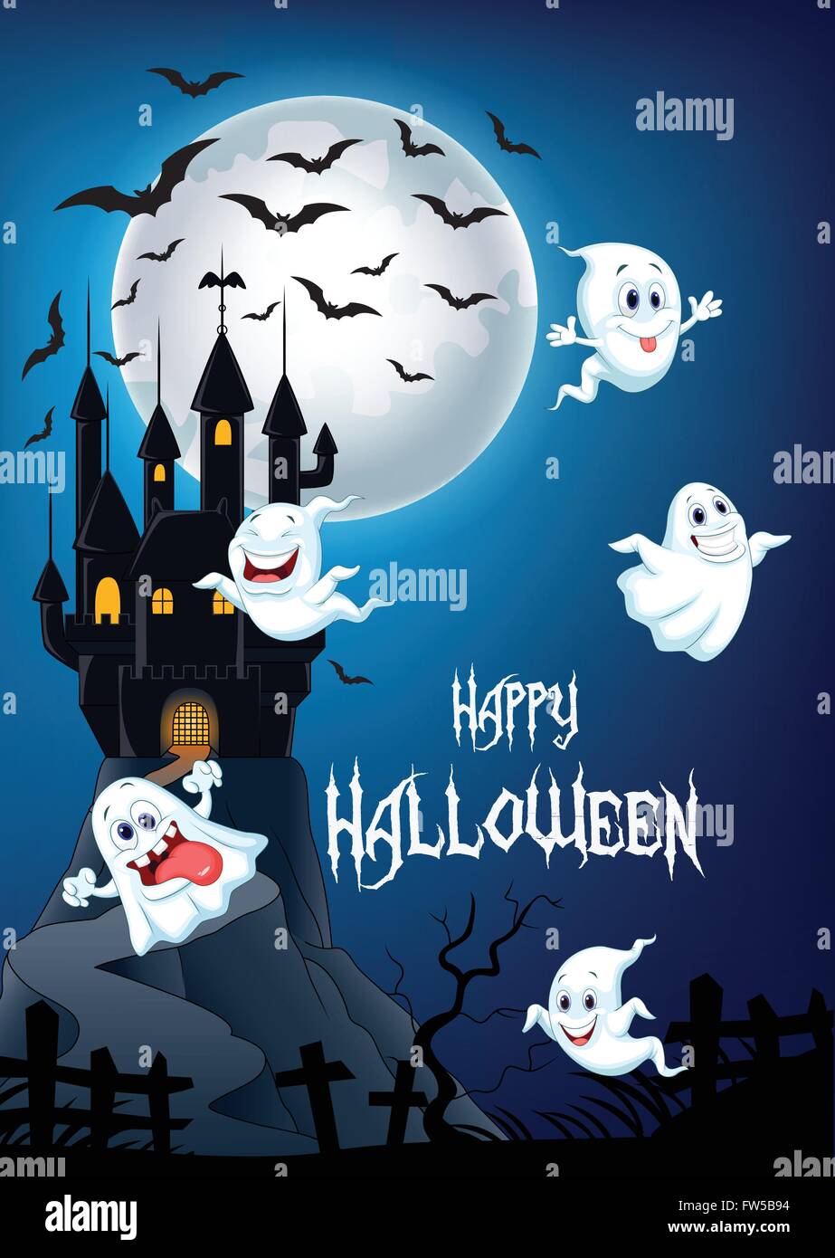 Arrière-plan avec happy Halloween Ghost volant au-dessus de château Illustration de Vecteur