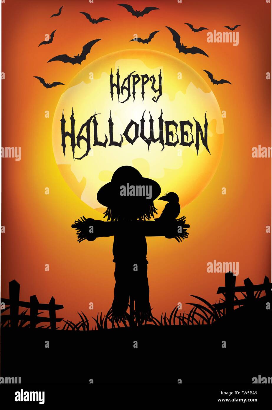 Arrière-plan de l'halloween avec silhouette de l'épouvantail Illustration de Vecteur