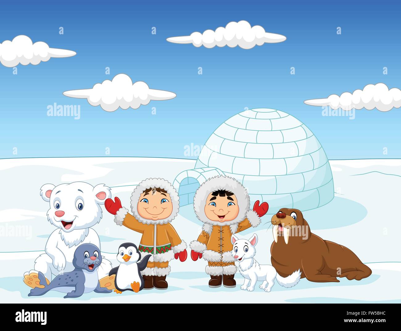 Les petits enfants portant des costumes traditionnels Eskimo avec les animaux de l'Arctique et l'arrière-plan maison igloo Illustration de Vecteur