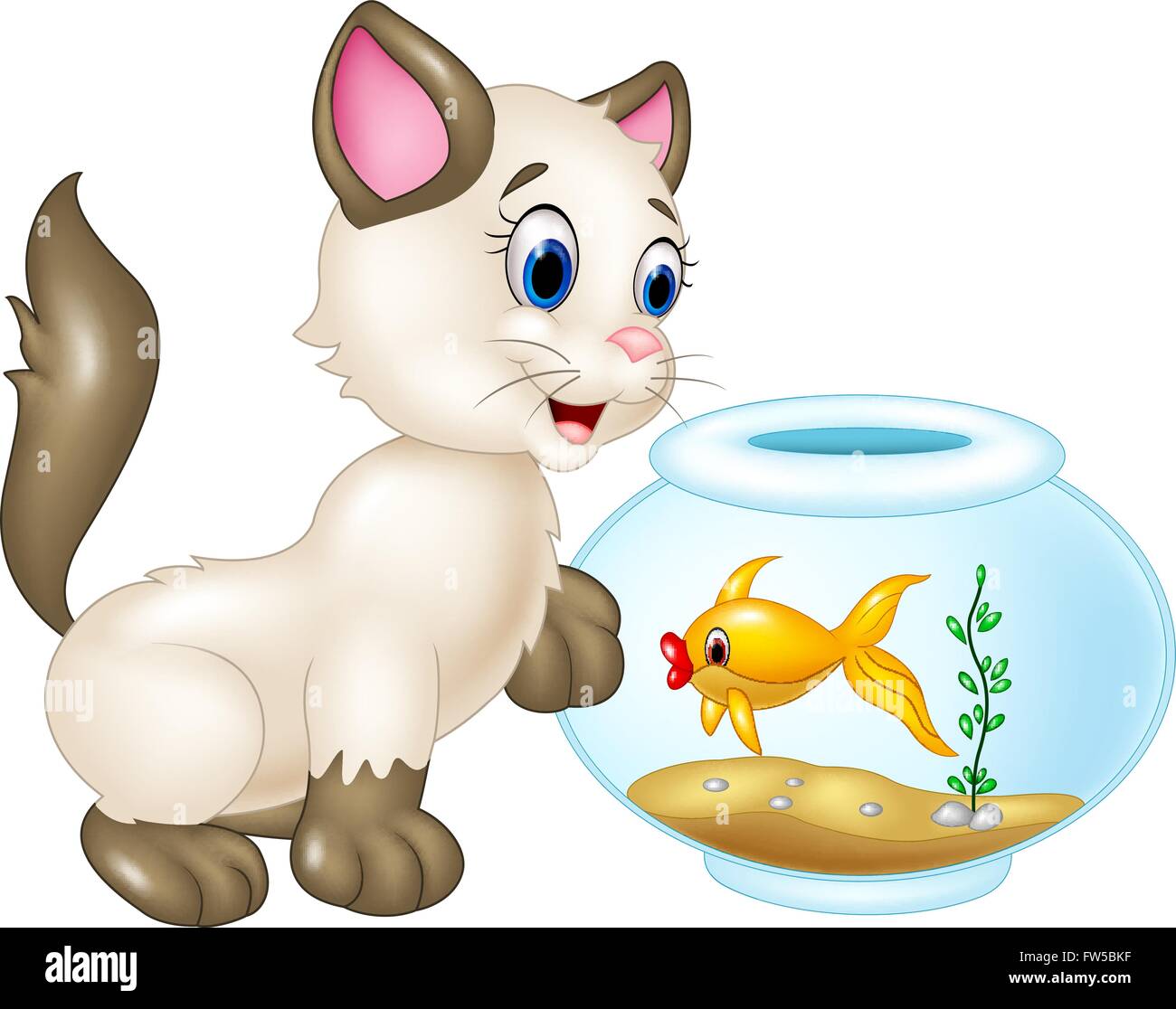 Curieux chat jouant avec piscine poisson isolé sur fond blanc Illustration de Vecteur