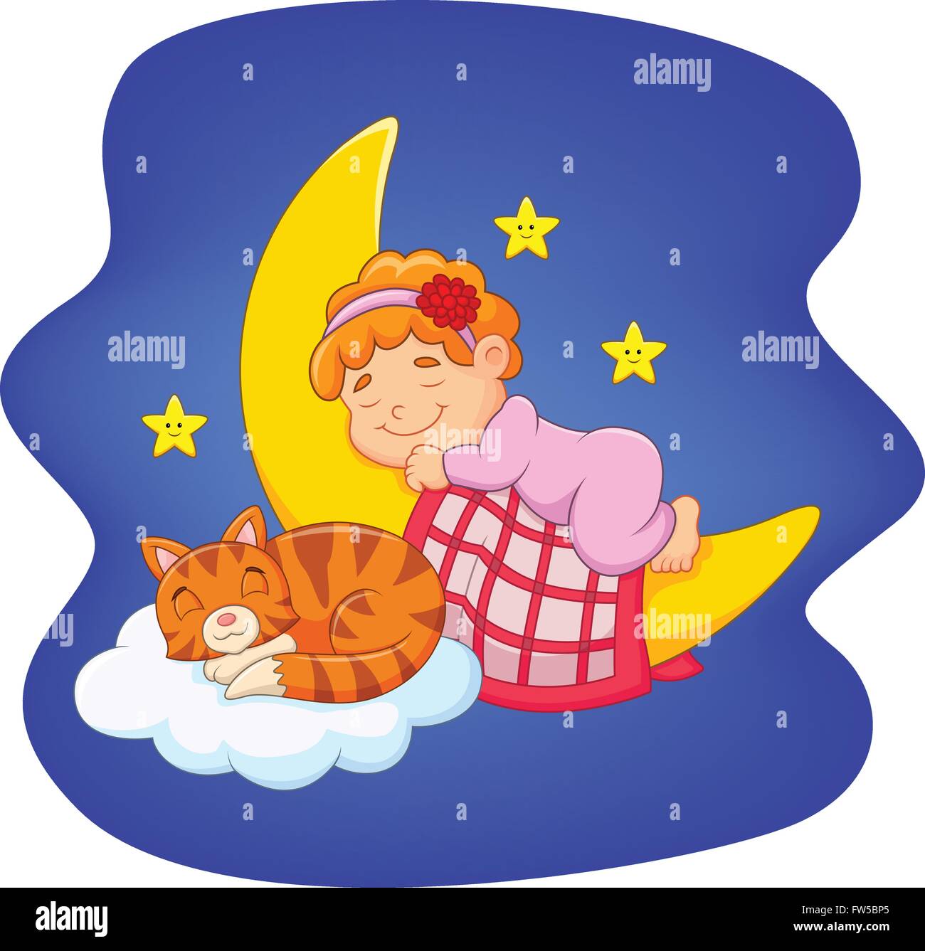 Cute little Girl with cat dormir sur la lune Illustration de Vecteur