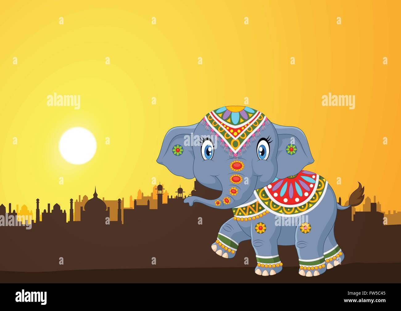 Mascotte éléphant mignon portant des costumes traditionnels sur le fond coucher de soleil Illustration de Vecteur