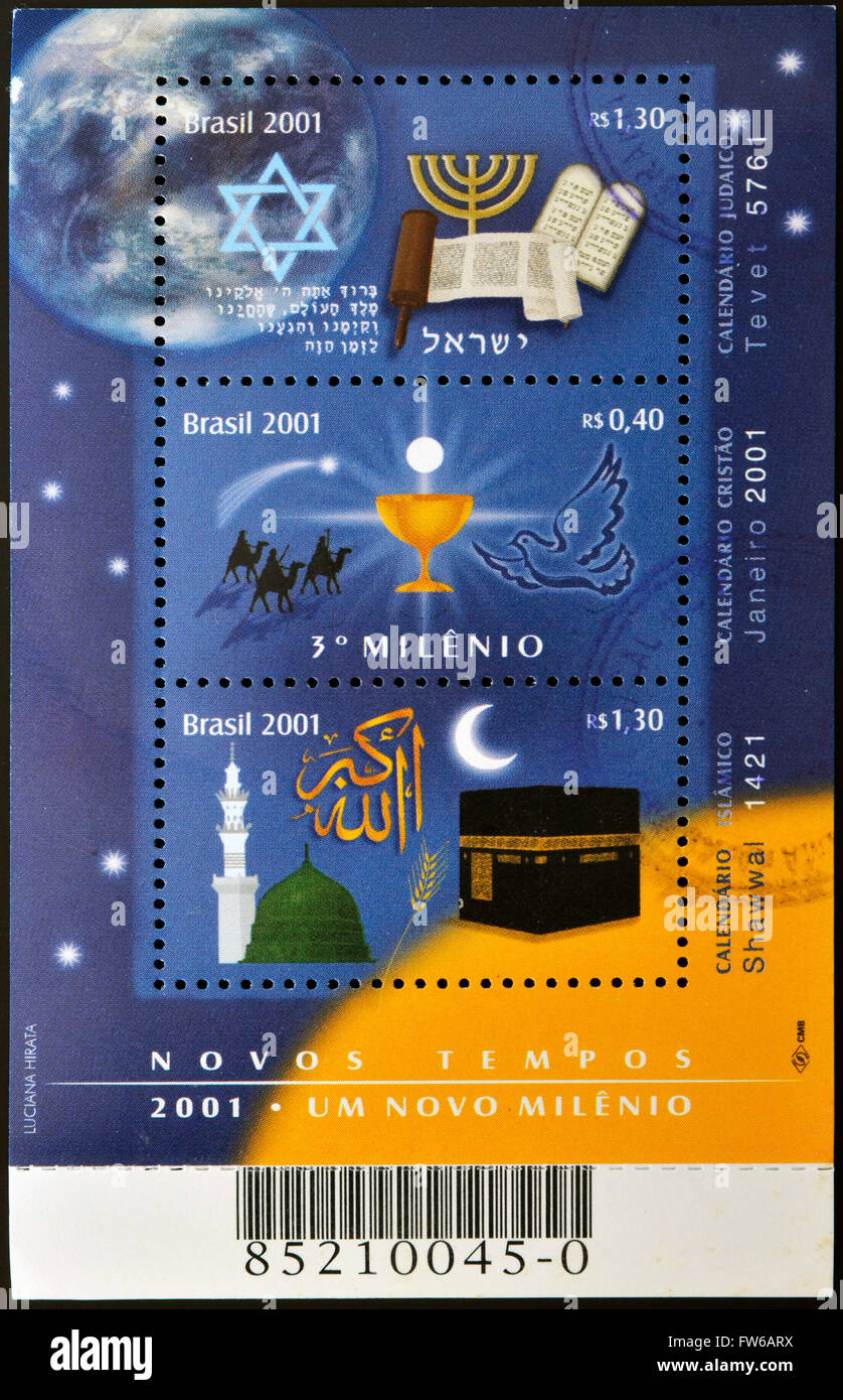 Brésil - circa 2001 : tampons imprimés au Brésil dédié à l'annexe des trois religions bibliques, les Juifs, les chrétiens et les Arabes Banque D'Images