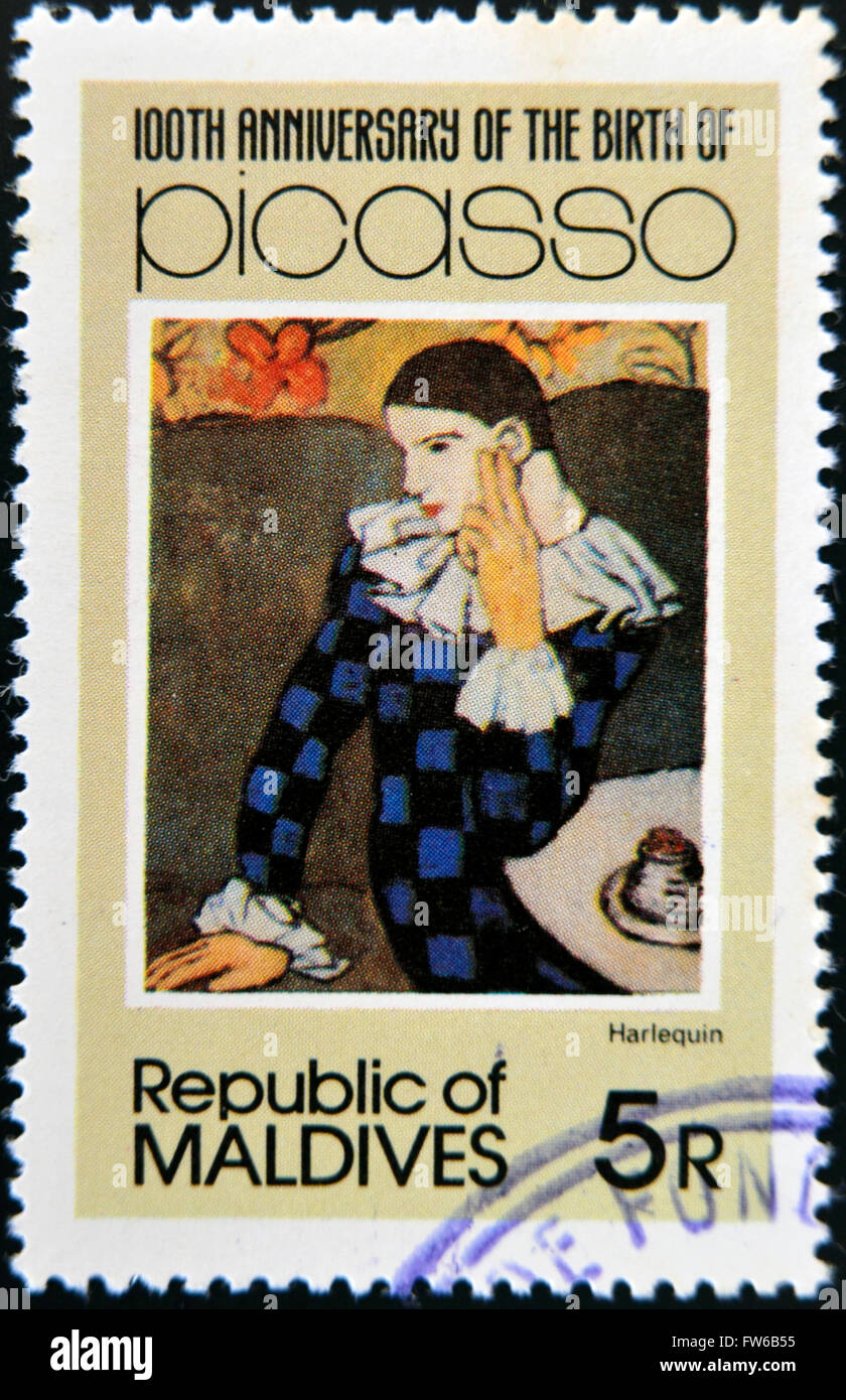 Maldives - circa 1981 : timbres en Malldives montre Îles Pablo Ruiz Picasso par Arlequin, circa 1981 Banque D'Images