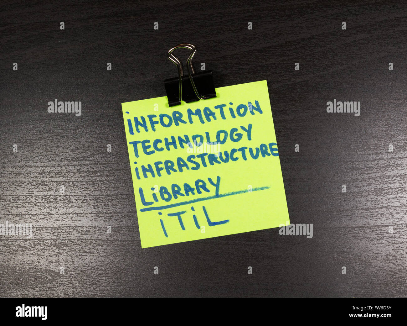 ITIL, Information Technology Infrastructure Library sticky note sur fond de bois Banque D'Images