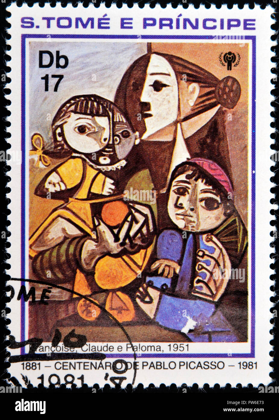 SAO TOME E PRINCIPE - circa 1981 : timbre imprimé à Sao Tomé montre nulles par artiste Picasso - Fracoise, Claude e Paloma, 1905, c Banque D'Images
