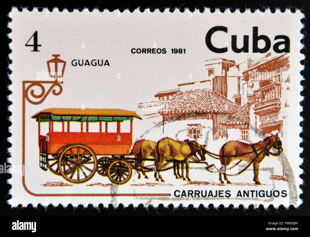 CUBA - circa 1981 : timbre imprimé en Cuba dédié aux voitures anciennes, spectacles Guagua, vers 1981 Banque D'Images