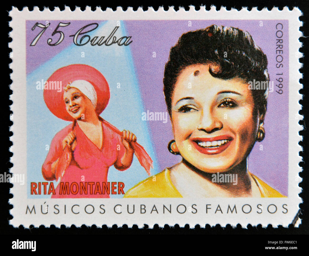 CUBA - VERS 1999 : un timbre imprimé en cuba dédié au célèbre musiciens cubains, indique Rita Montaner, vers 1999 Banque D'Images