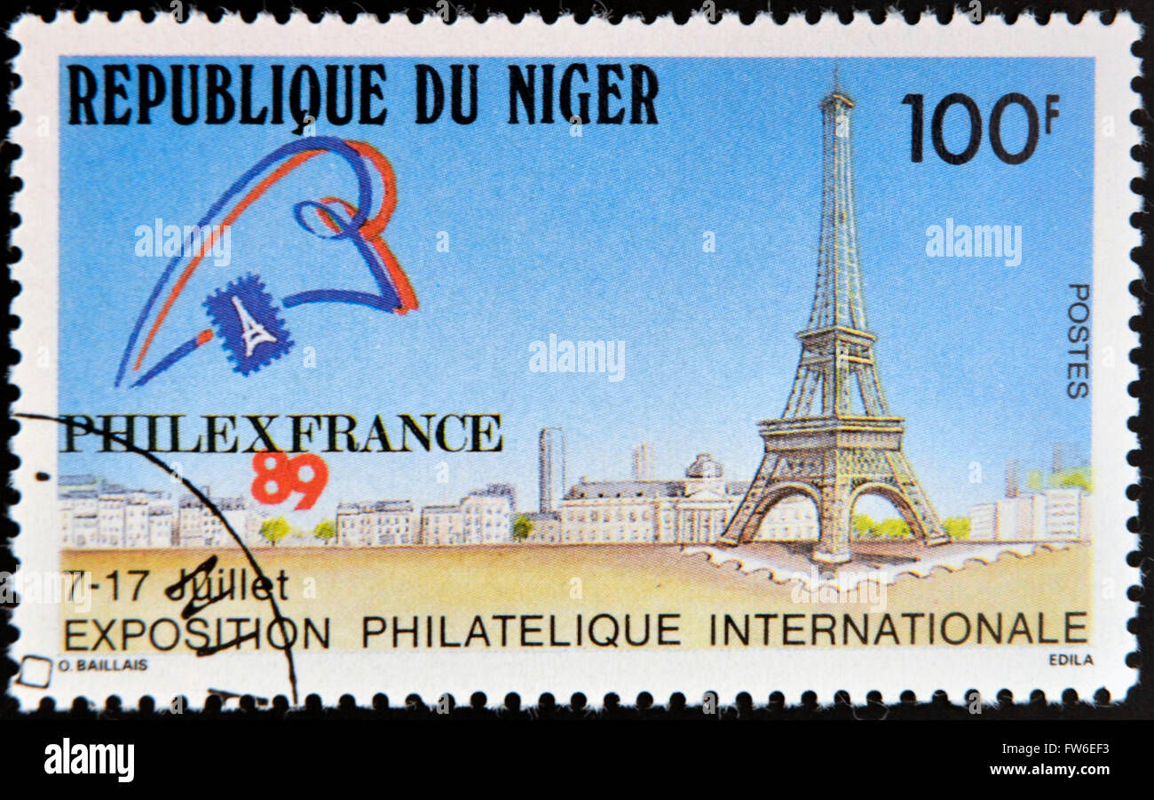 NIGER - circa 1989 : timbre imprimé au Niger dédié à Exposition philatélique internationale à Paris, vers 1989 Banque D'Images