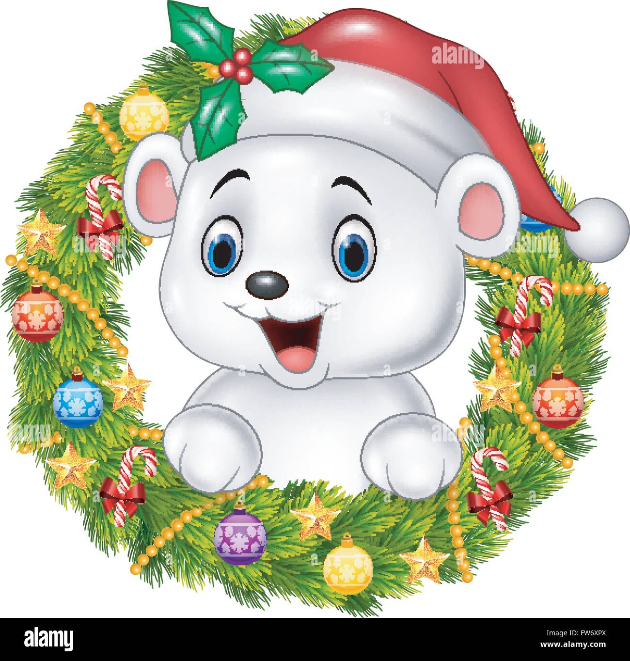 Mignon Bebe Ours Polaire Holding Couronne De Noel Avec Des Rubans Ballons Et Bow Image Vectorielle Stock Alamy