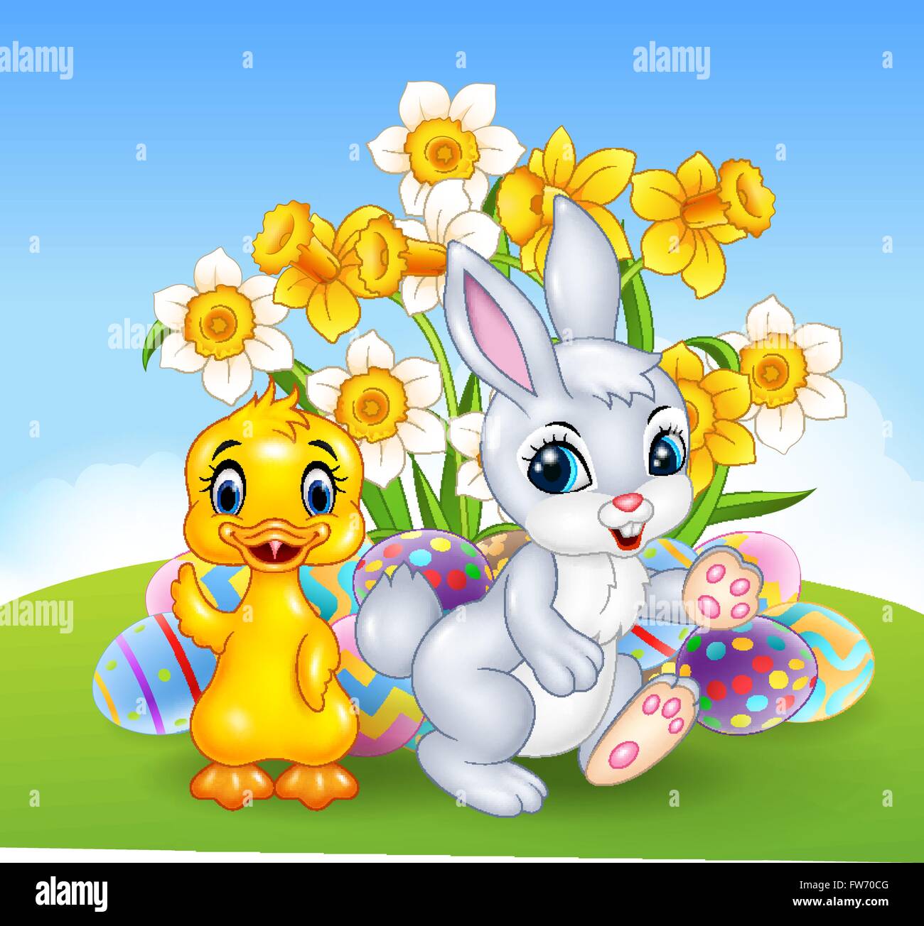 Cartoon happy bunny et canard avec les oeufs de Pâques colorés Illustration de Vecteur