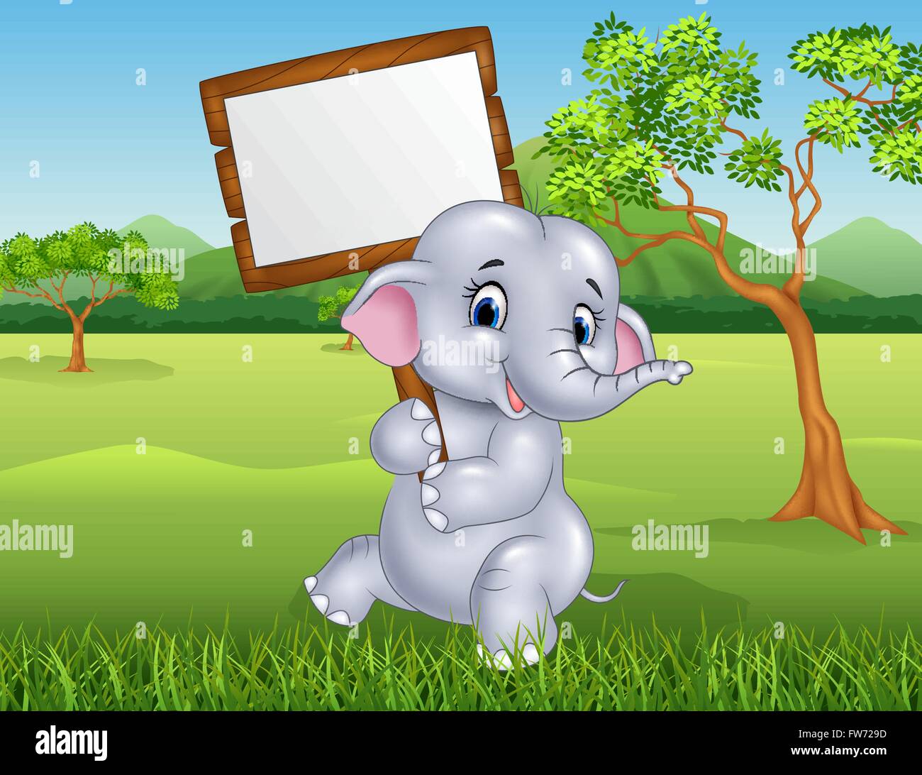 Éléphant mignon holding blank sign dans la jungle Illustration de Vecteur