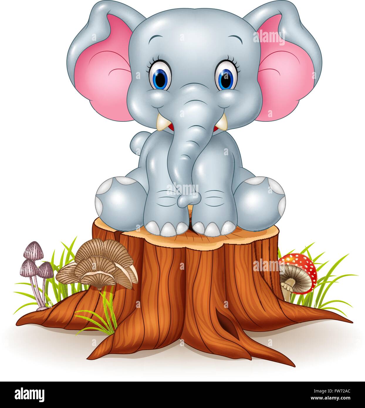Cartoon cute baby elephant on tree stump Illustration de Vecteur