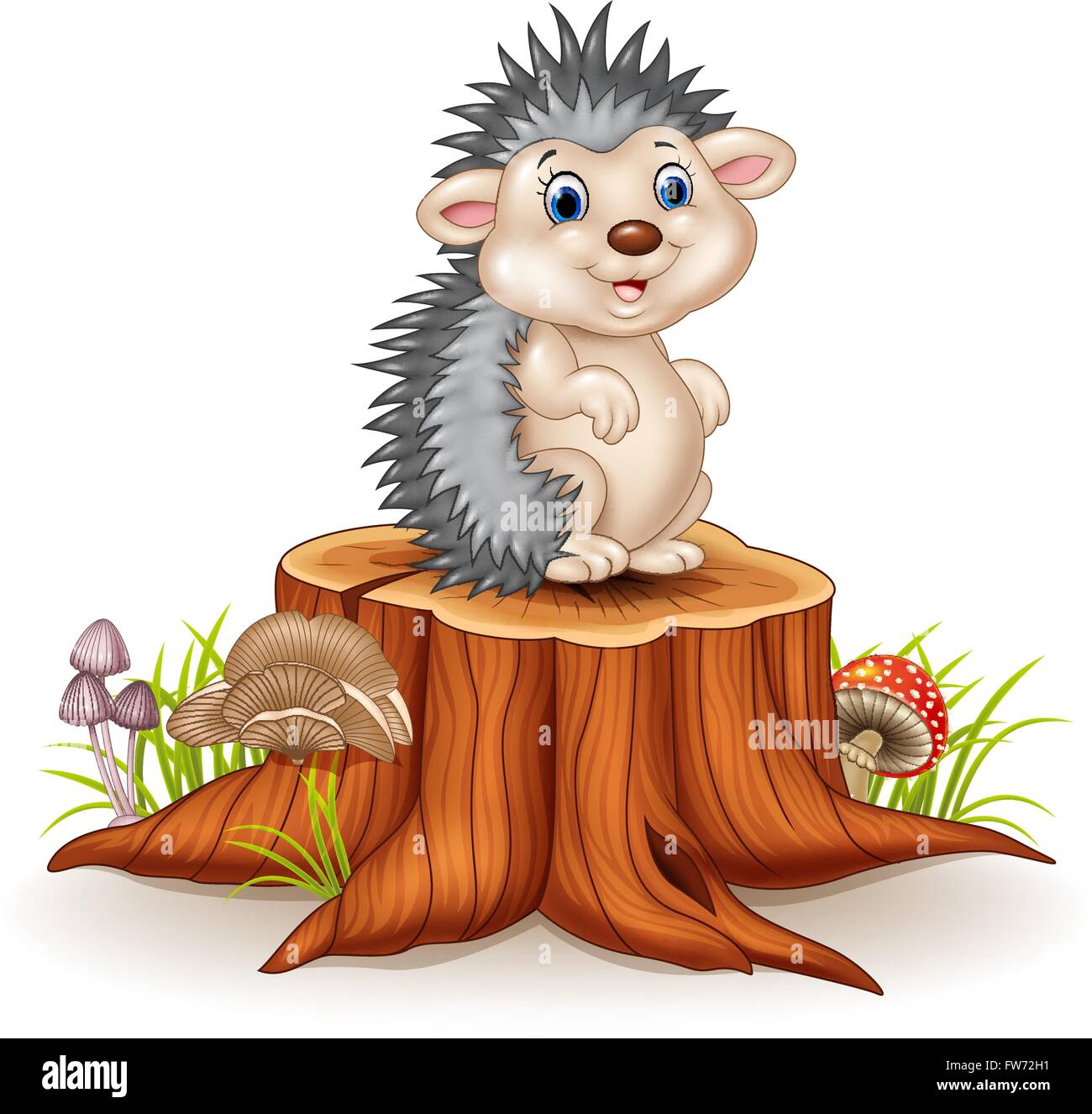 Hérisson adorable baby sitting on tree stump Illustration de Vecteur