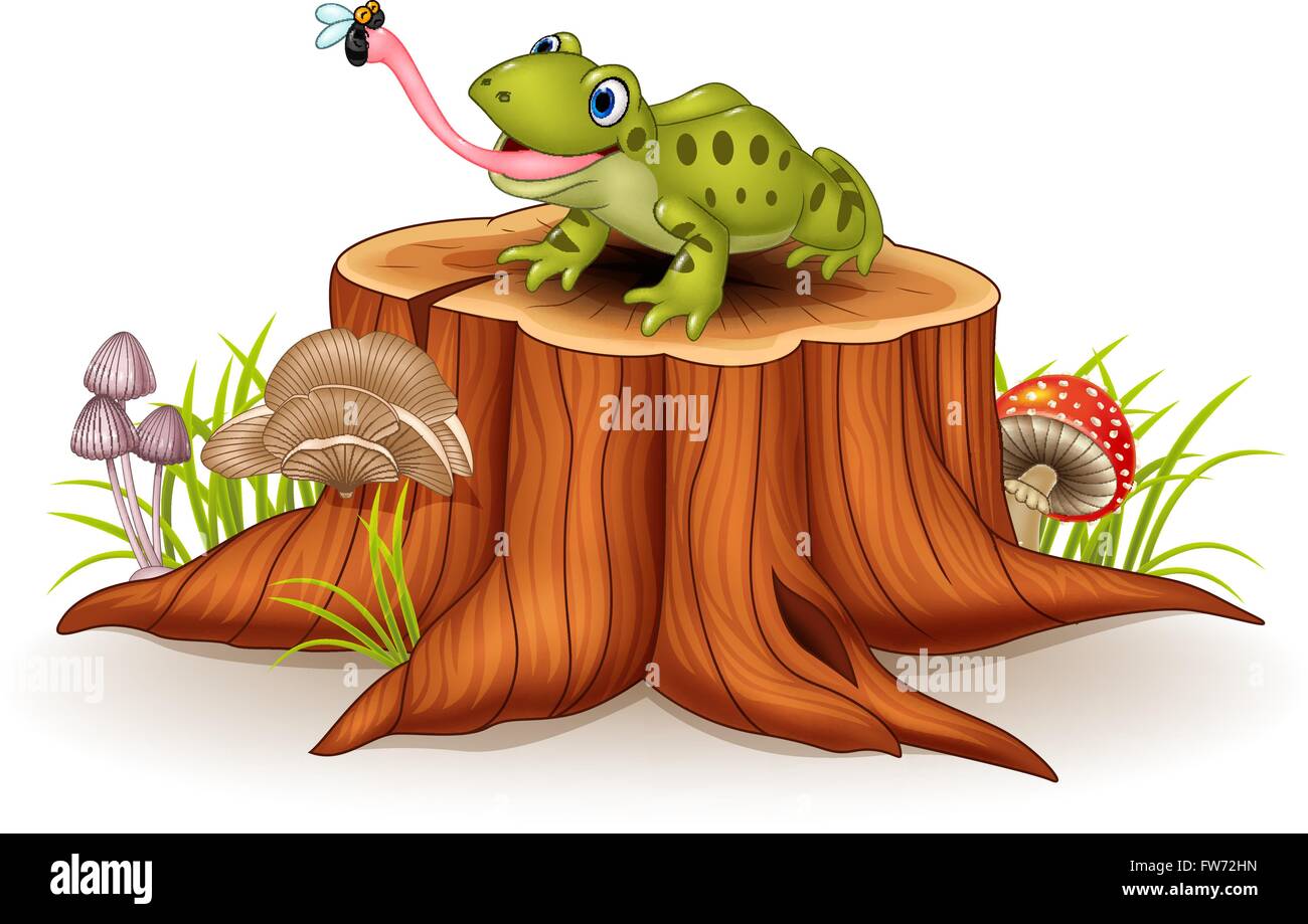 La capture de grenouilles mignon voler sur souche d'arbre Illustration de Vecteur