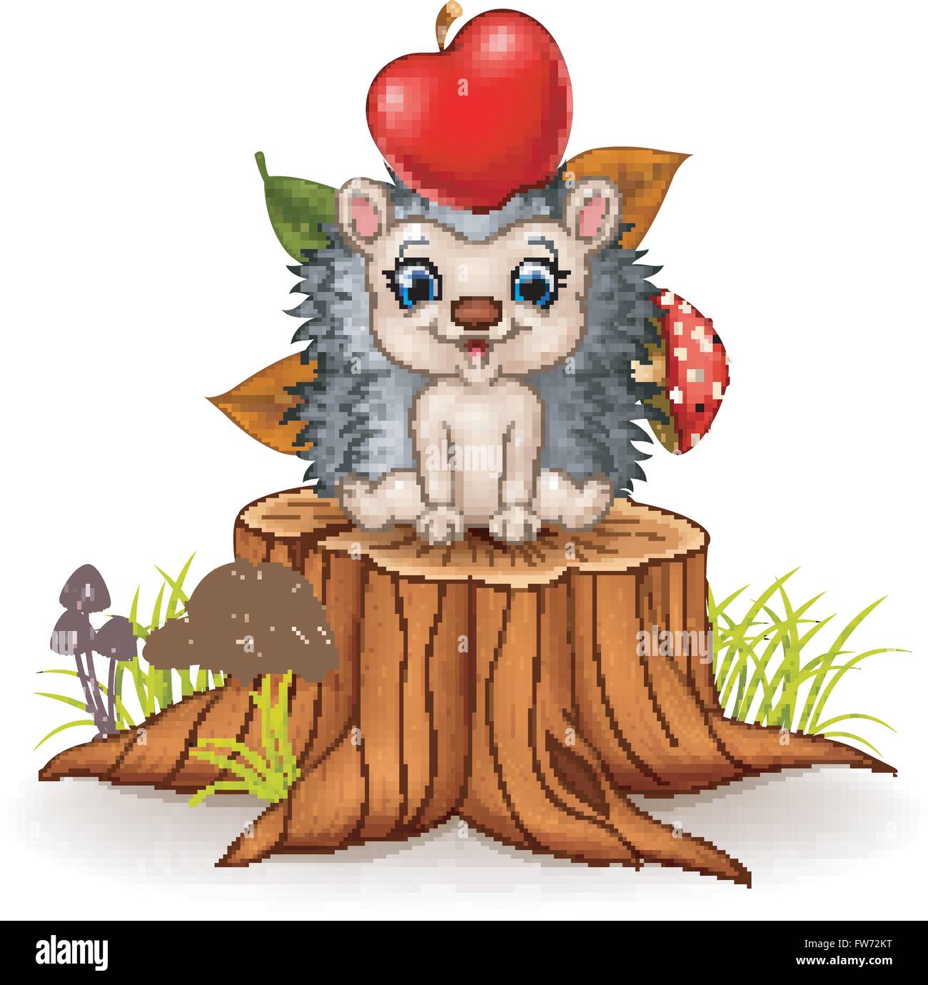 Happy Little hedgehog sitting on tree stump Illustration de Vecteur