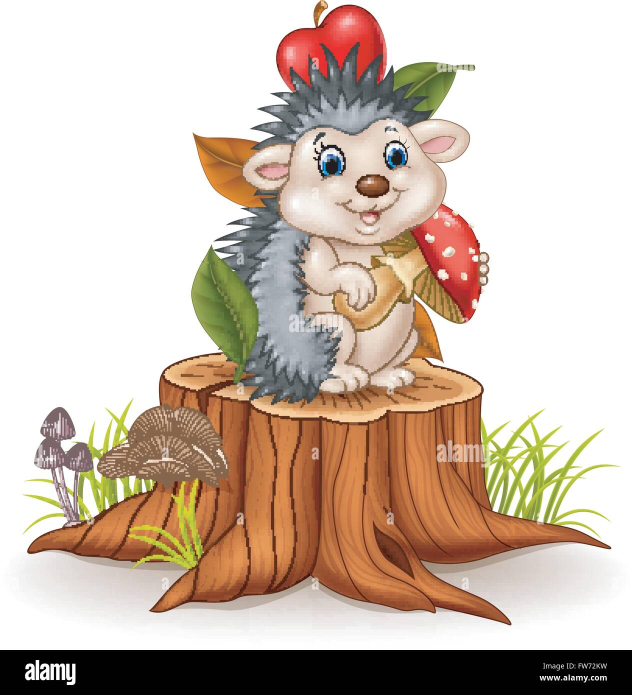 Petit hérisson holding mushroom on tree stump Illustration de Vecteur