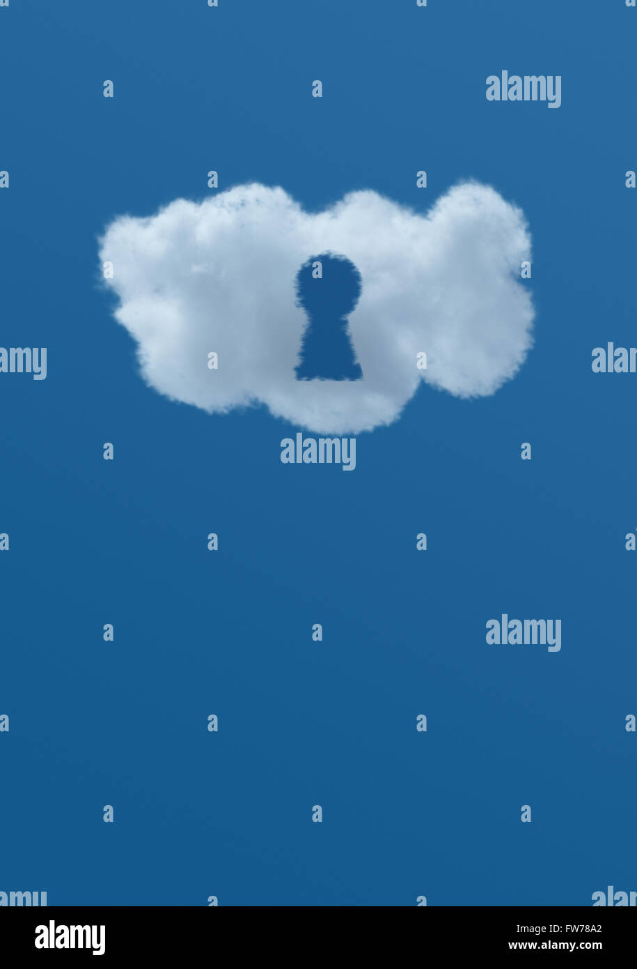 Un nuage blanc avec une serrure est situé dans un ciel bleu, illustrant l'idée de sécurité des données dans le cloud. Banque D'Images