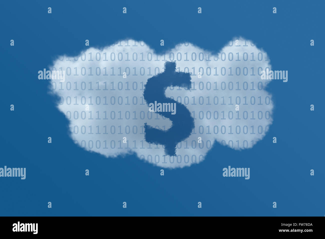 Le symbole du dollar US à l'intérieur d'un nuage blanc avec des données binaires dans un ciel bleu Banque D'Images