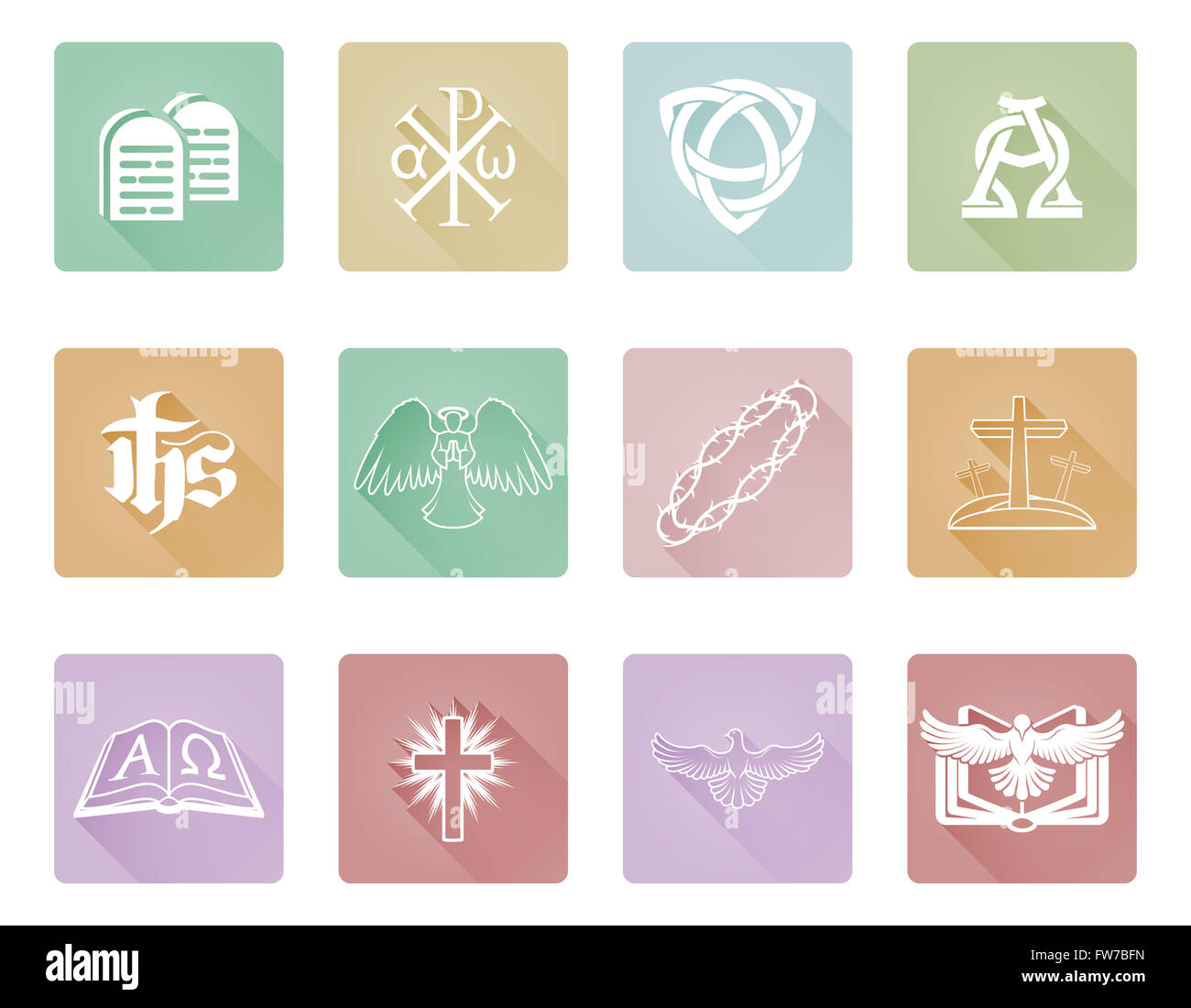 Un ensemble d'icônes et symboles religieux chrétiens avec Chi Rho, Angel, alpha omega et plus Banque D'Images